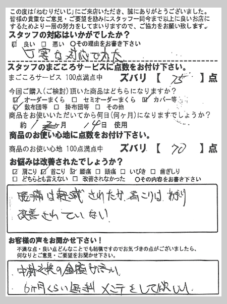 腰痛は軽減されたが肩こりはあまり改善されていない I様 長野県諏訪郡