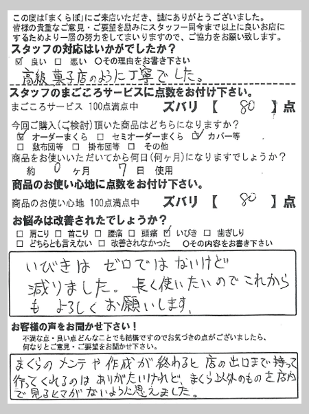 いびきはゼロではないけど減りました。長く使いたいのでこれからもよろしくお願いします。 Y様 静岡県富士市