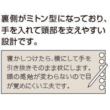 裏側がミトン型になっており、手を入れて頭部を支えやすい設計です。