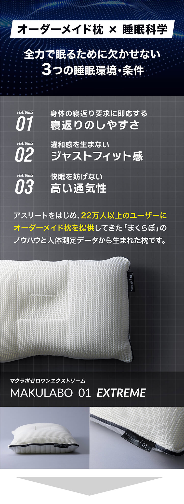 アスリートをはじめ、22万人以上のユーザーにオーダーメイド枕を提供してきたまくらぼのノウハウと人体測定データから生まれた枕